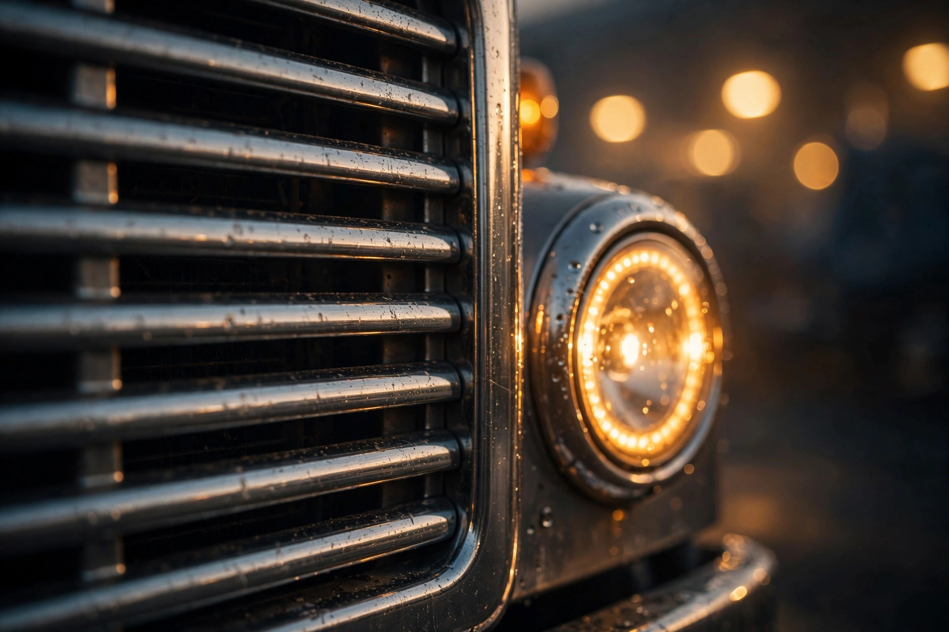 Semi truck grille and headlight at sunrise