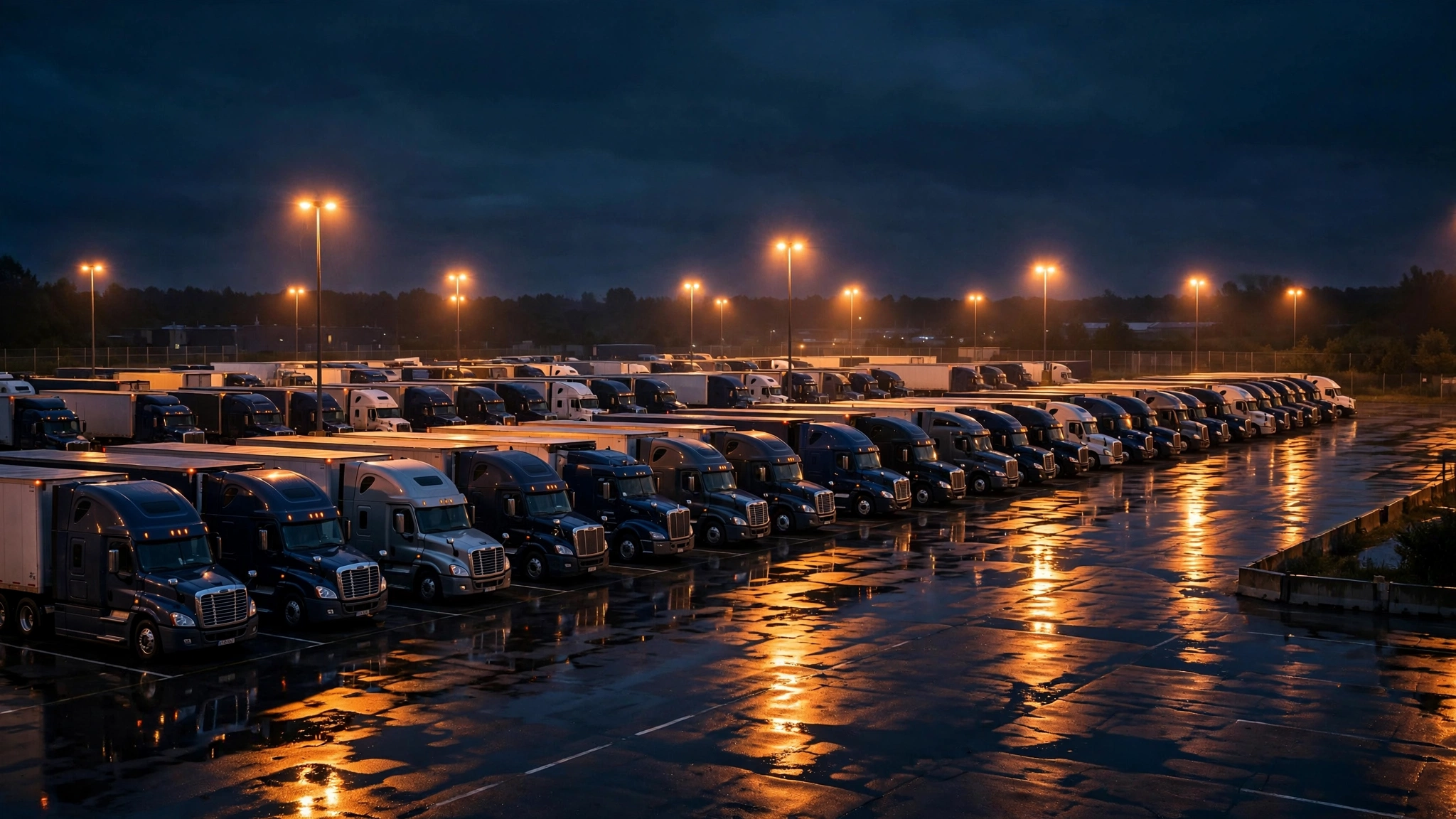 Truck parking lot at night