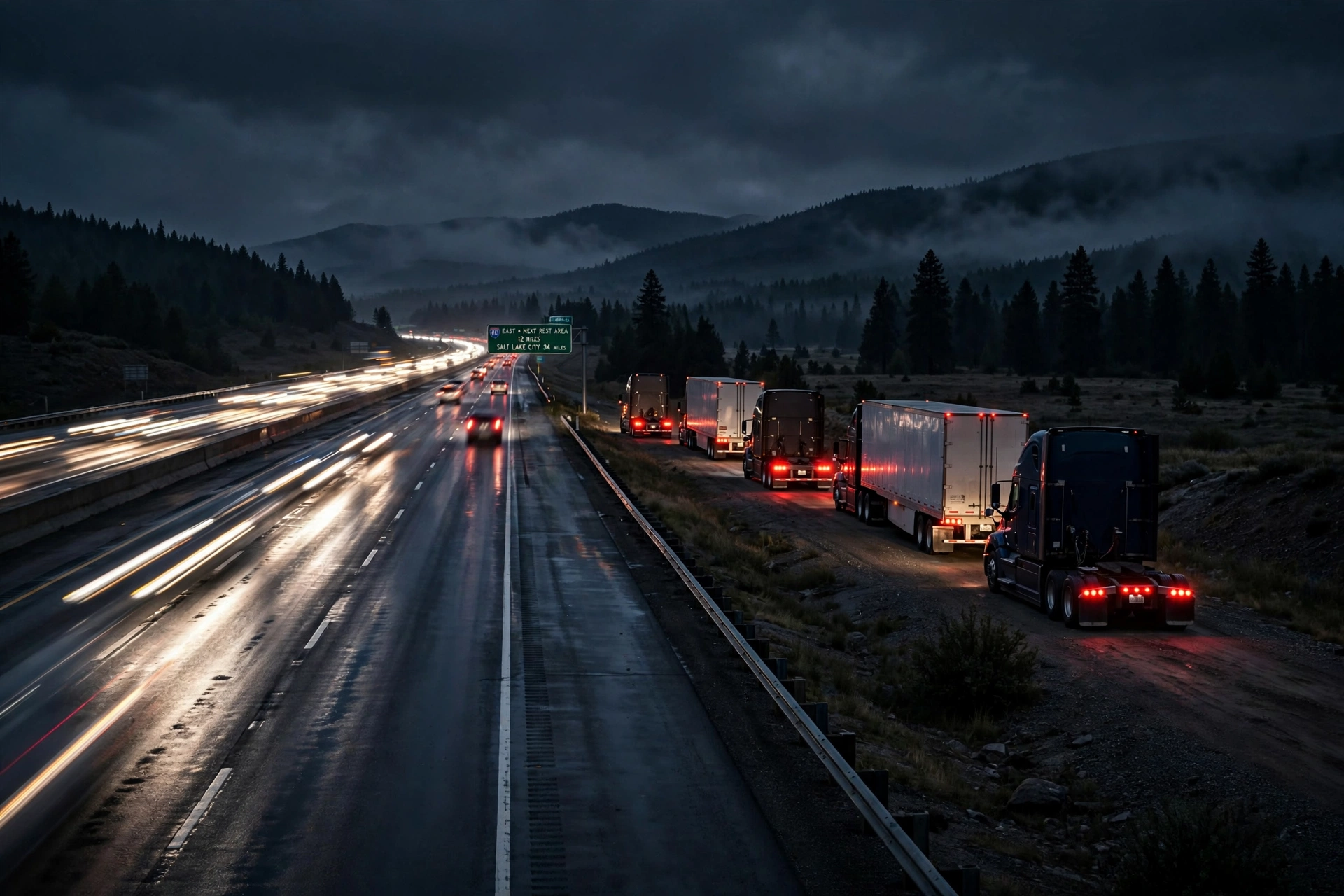 Semi-trucks parked on a highway shoulder at night